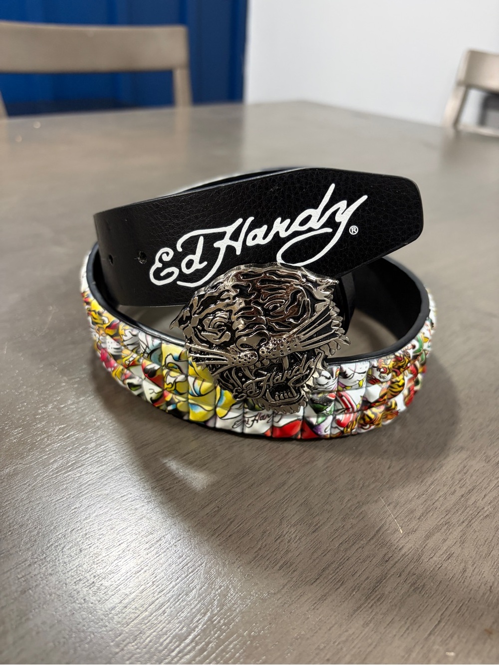 Ed Hardy Black Leather Belt with Silver Tiger Buckle and Multicolor Floral Studs